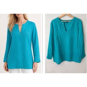 Lauren Ralph Lauren Womens 1X Teal 100% Linen Long Sleeve Tunic Top Lagenlook